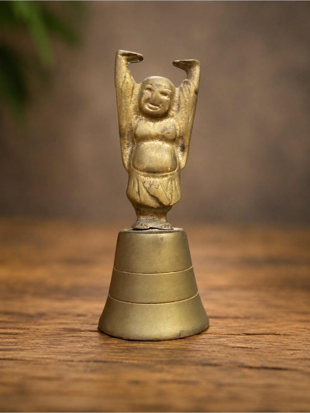 Vintage Brass Laughing Buddha Bell Raised Arms Patina 4.25in x 1.5in